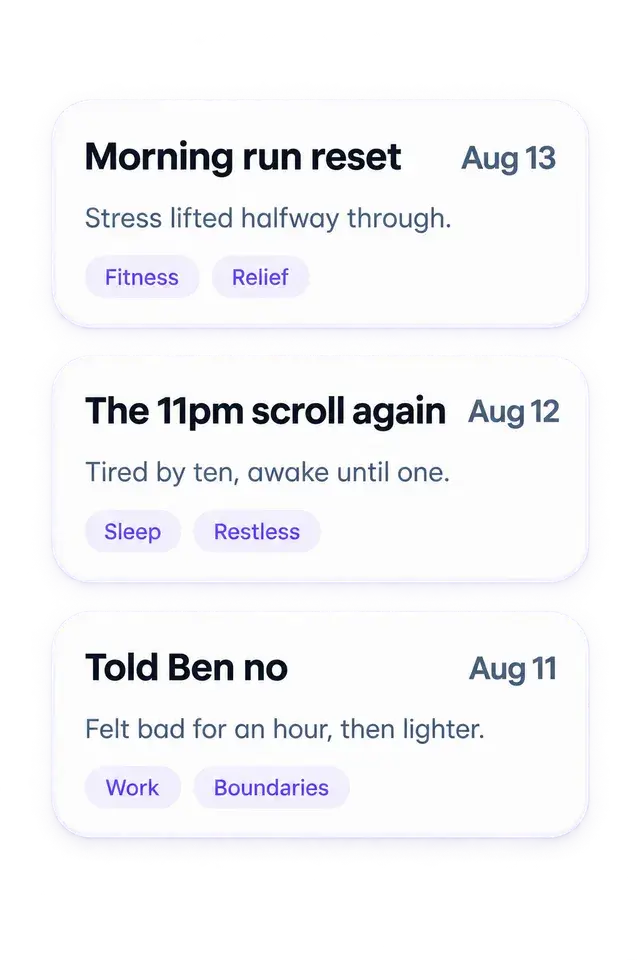 A list of finished journal entries with titles, one-line summaries, and tags like Sleep and Boundaries